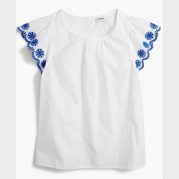 J. Crew Tops - J. Crew NWT White & Blue Embroidered Flutter-Sleeve Blouse Cotton Poplin- Size M